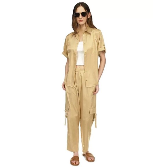 Michael Kors Satin Utility Cargo Pants Womens L Khaki Pull On Ankle High Rise - Picture 1 of 16